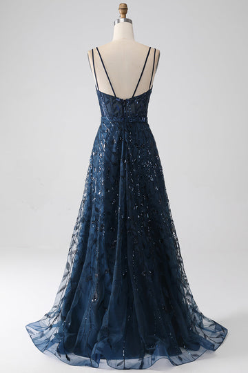 A-Line Dark Navy Spaghetti Straps Long Ball Dress with Slit